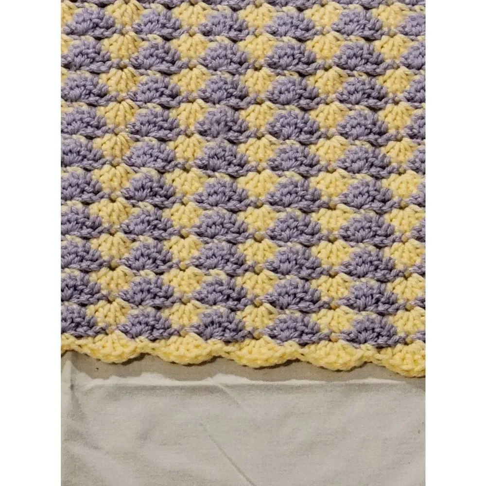 Vintage Afghan Handmade Crochet Throw Baby Lap Blanket Yellow Purple 34x27in‎